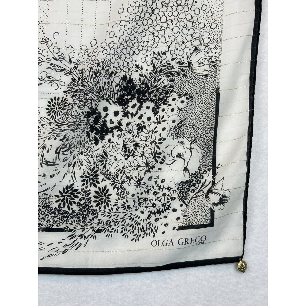 Vintage Olga Greco Paris Floral Scarf Lightweight Metallic Black White Italy - Picture 2 of 9
